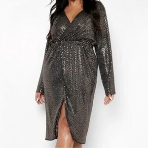 NWT Plus Size Rose Gold Sequin Black Wrap Midi Dress 14/1/6